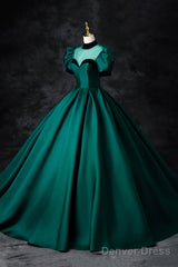 Green Satin Long Prom Dress, Elegant A-Line Short Sleeve Formal Evening Dress