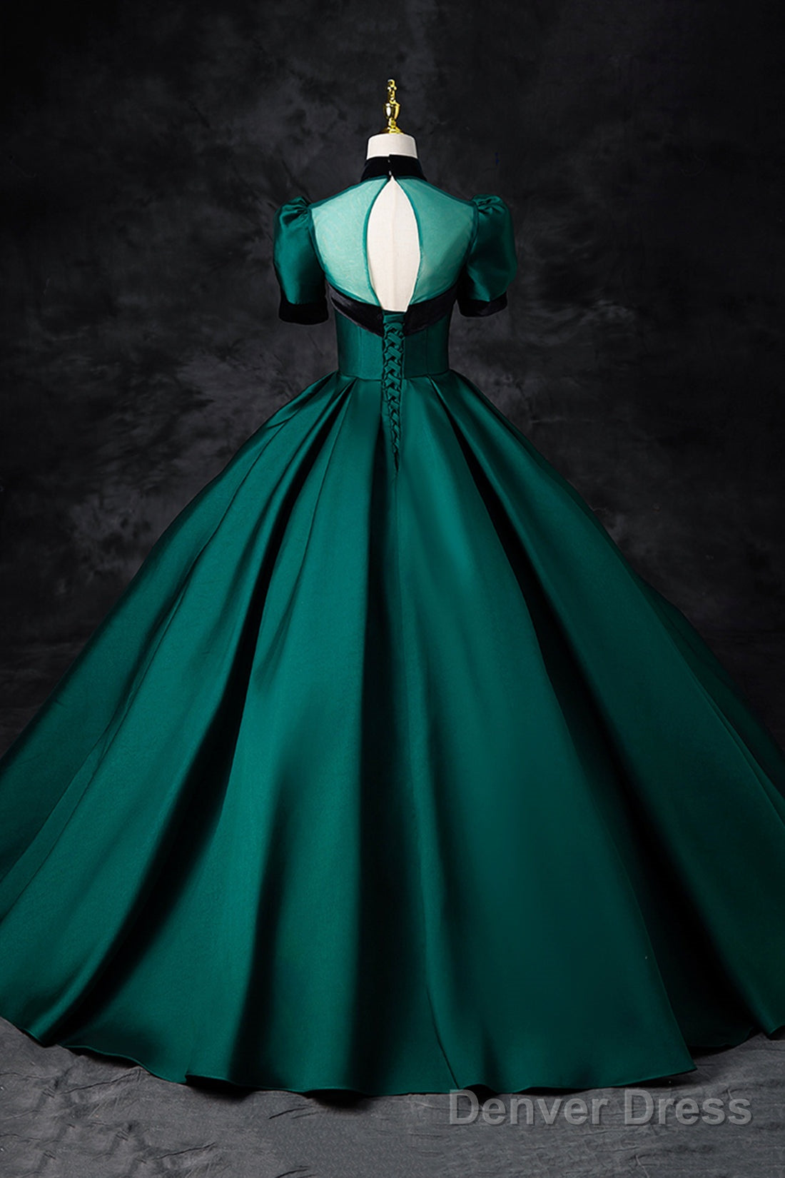 Green Satin Long Prom Dress, Elegant A-Line Short Sleeve Formal Evening Dress