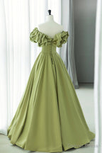 Green Satin Long Prom Dress, Green A Line Prom Dresses