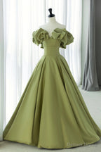 Green Satin Long Prom Dress, Green A Line Prom Dresses