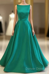 Green Satin Long Prom Dresses, Green Evening Dresses