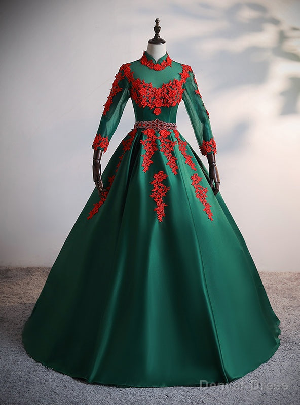 Green Satin Long Sleeve Red Appliques Quinceanera Dresses