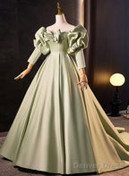 Green Satin Off Shoulder Long Formal Dress, Green Long Evening Dress Sweet 16 Dress