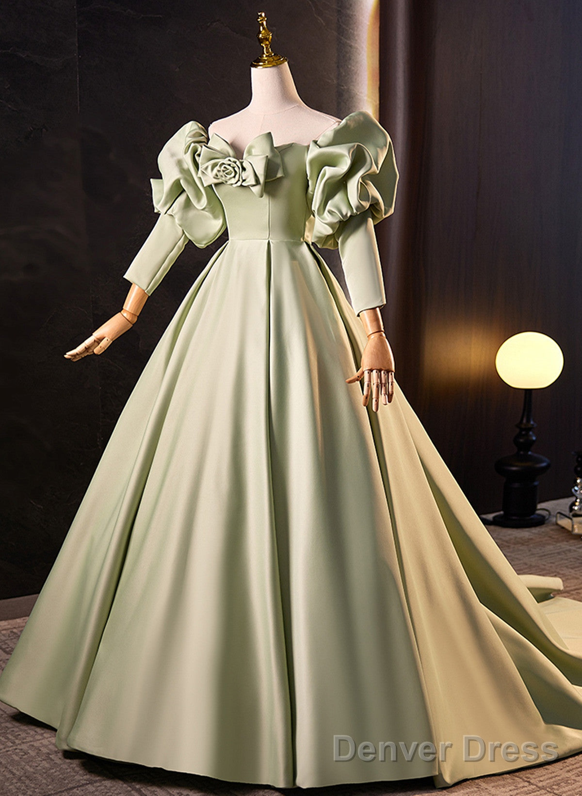 Green Satin Off Shoulder Long Formal Dress, Green Long Evening Dress Sweet 16 Dress
