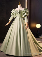 Green Satin Off Shoulder Long Prom Dress, Green Long Prom Dress Sweet 16 Dresses