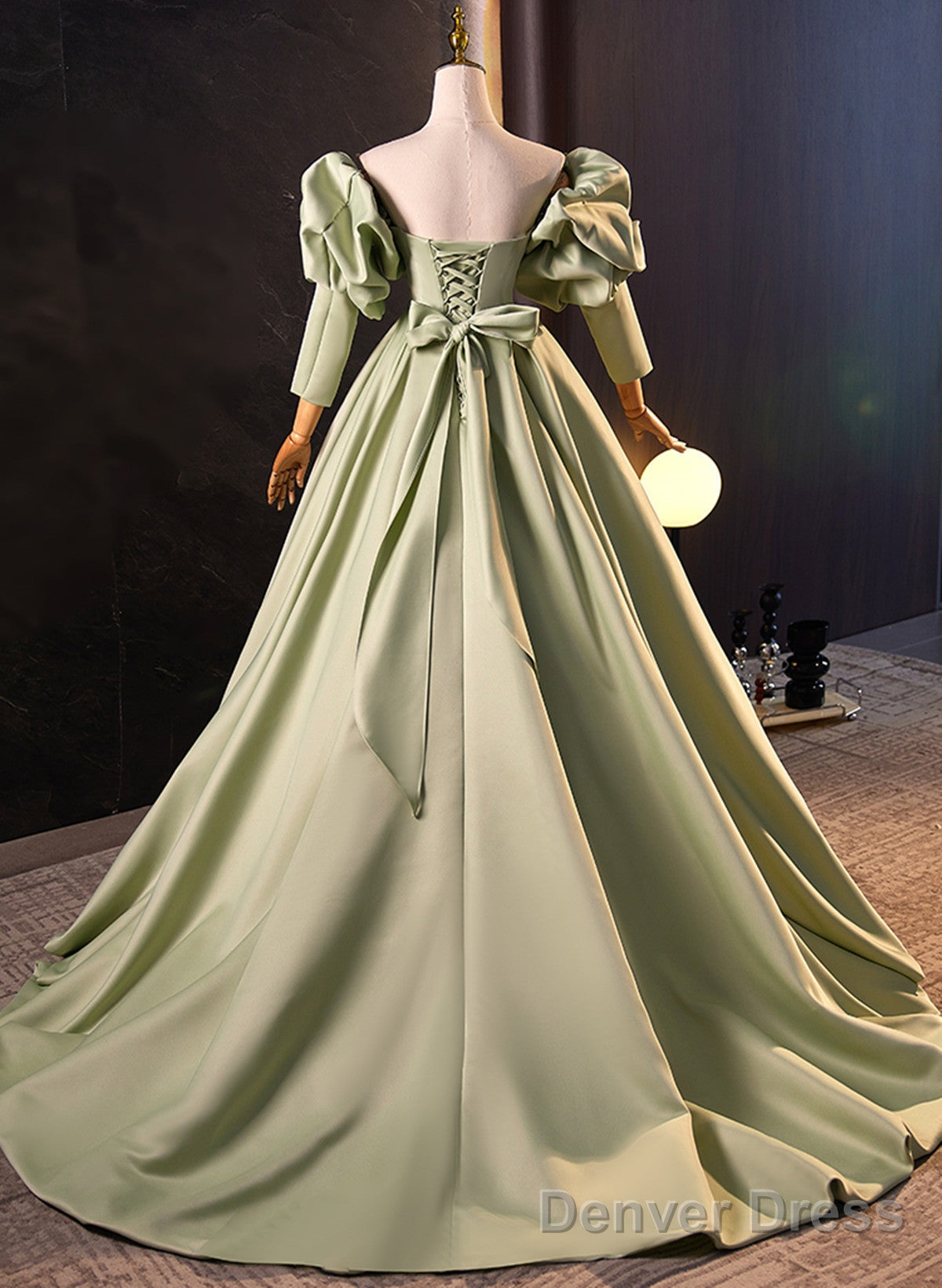 Green Satin Off Shoulder Long Formal Dress, Green Long Evening Dress Sweet 16 Dress