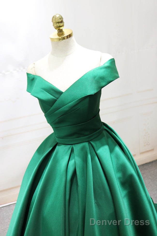 Green Satin Off Shoulder Long Formal Gown, Beautiful Party Dress, Floor Length Party Dress