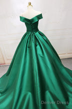 Green Satin Off Shoulder Long Prom Gowns, Beautiful Prom Dress, Floor Length Prom Dresses