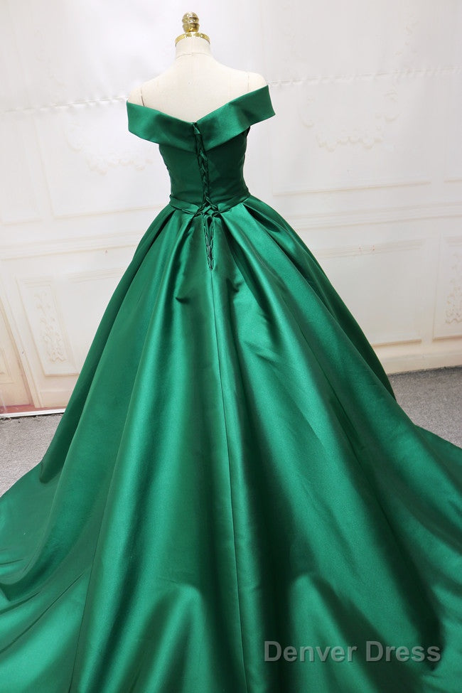 Green Satin Off Shoulder Long Prom Gowns, Beautiful Prom Dress, Floor Length Prom Dresses