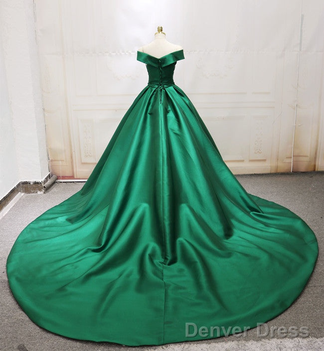 Green Satin Off Shoulder Long Prom Gowns, Beautiful Prom Dress, Floor Length Prom Dresses