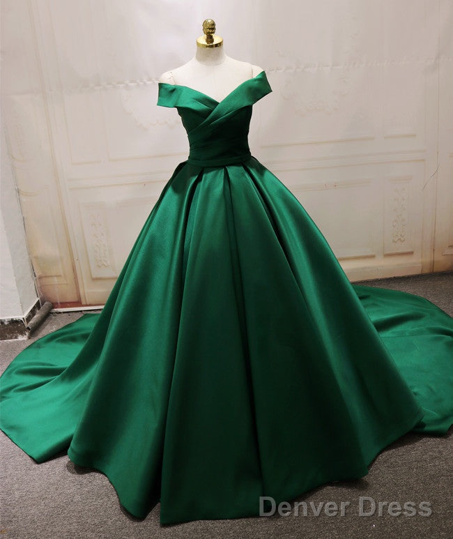 Green Satin Off Shoulder Long Formal Gown, Beautiful Party Dress, Floor Length Party Dress