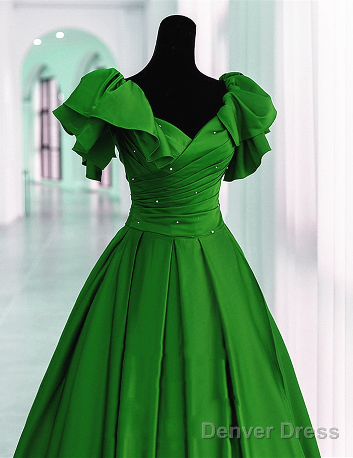 Green Satin Off Shoulder Long Party Dress, A-Line Green Prom Dress Evening Dress Secondary image