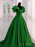 Green Satin Off Shoulder Long Party Dress, A-Line Green Prom Dress Evening Dress