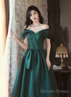 Green Satin Off Shoulder Long Party Dress, Green A-Line Chic Prom Dress