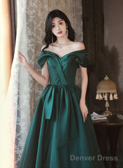 Green Satin Off Shoulder Long Party Dress, Green A-Line Chic Prom Dress