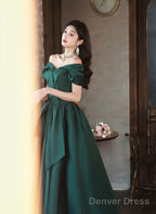 Green Satin Off Shoulder Long Party Dress, Green A-Line Chic Prom Dress