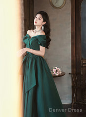 Green Satin Off Shoulder Long Party Dress, Green A-Line Chic Prom Dress