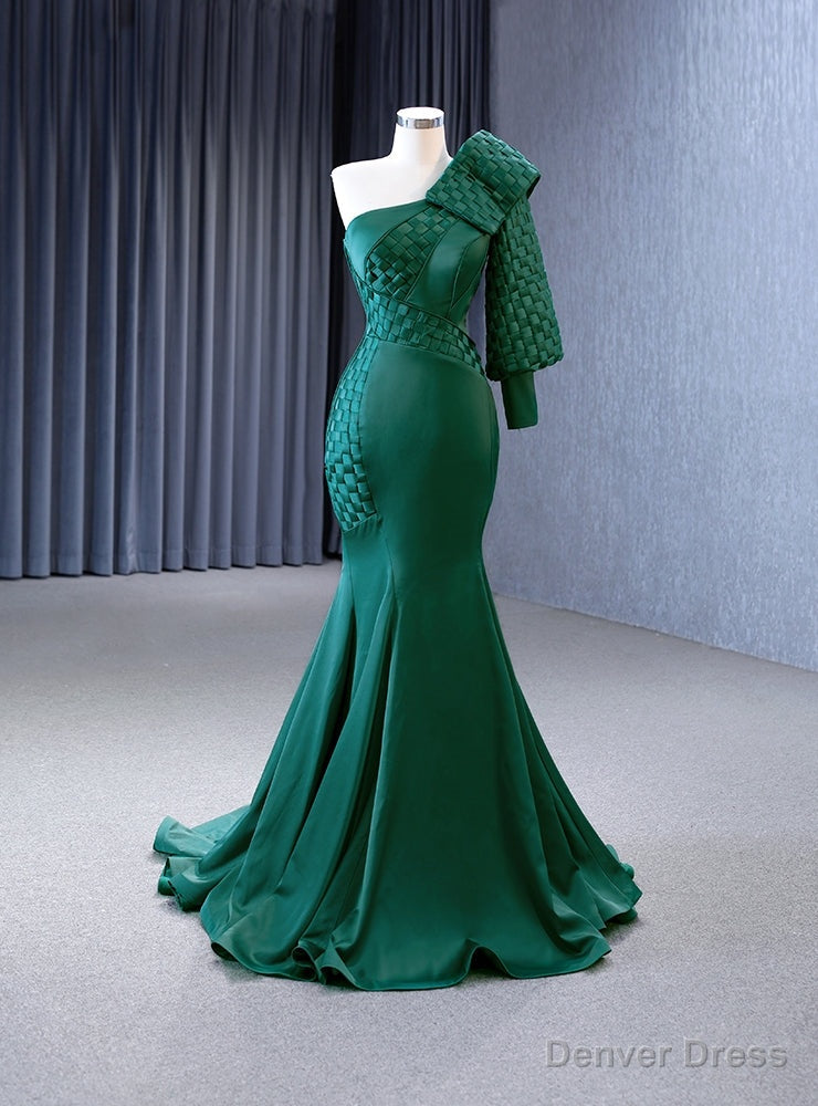 Green Satin One Shoulder Long Sleeve Prom Dress Main image