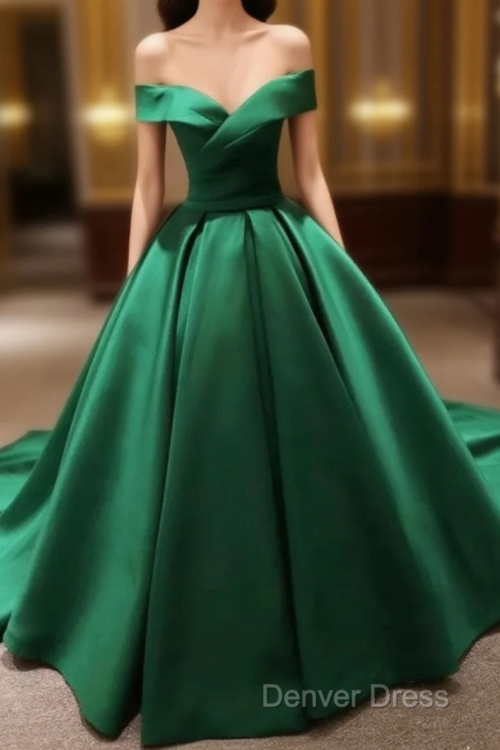 Green Satin Prom Dresses Long Off The Shoulder Ball Gowns Quinceanera Dresses