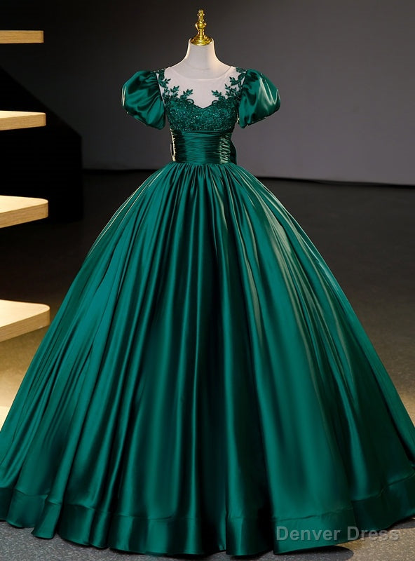 Green Satin Puff Sleeve Appliques Quinceanera Dress Main image