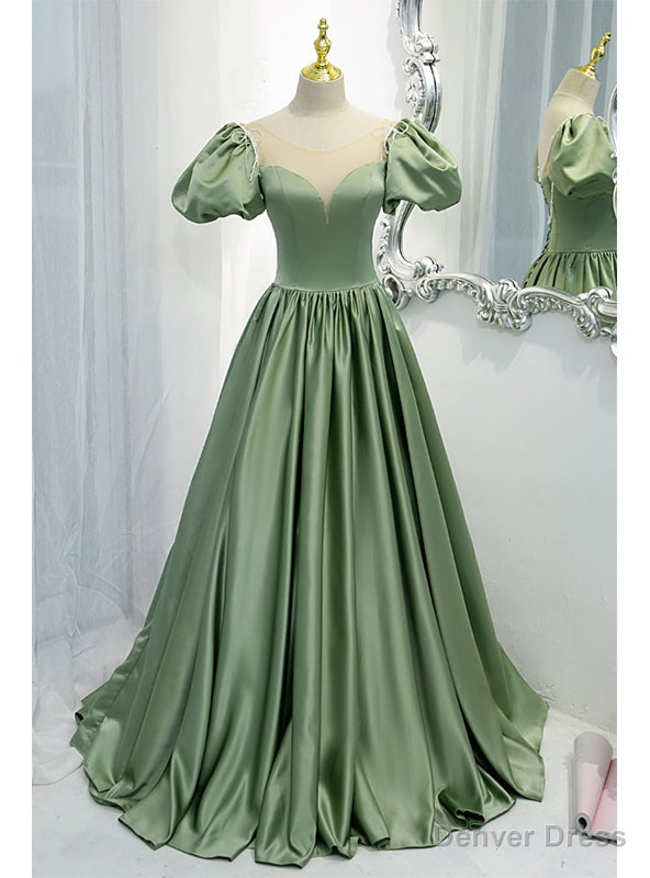 Green Satin Puff Sleeve Beading Prom Dress Main image