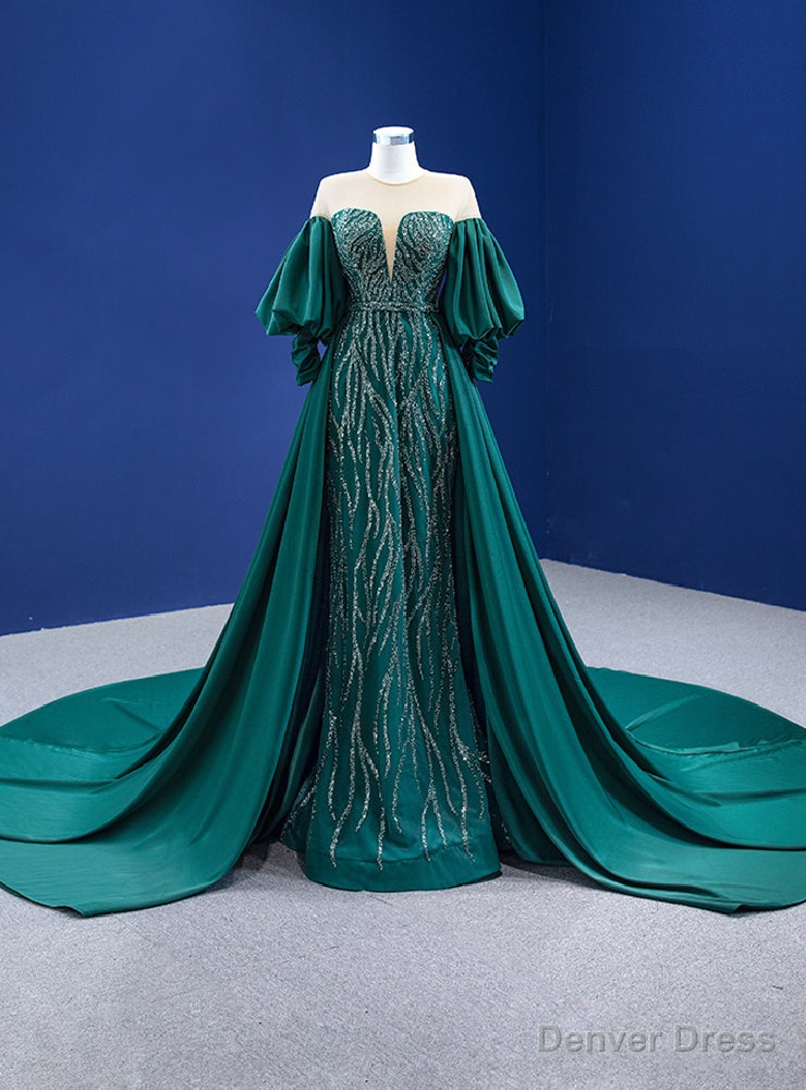 Green Satin Puff Sleeve Sequins Beading Prom Dress Main image