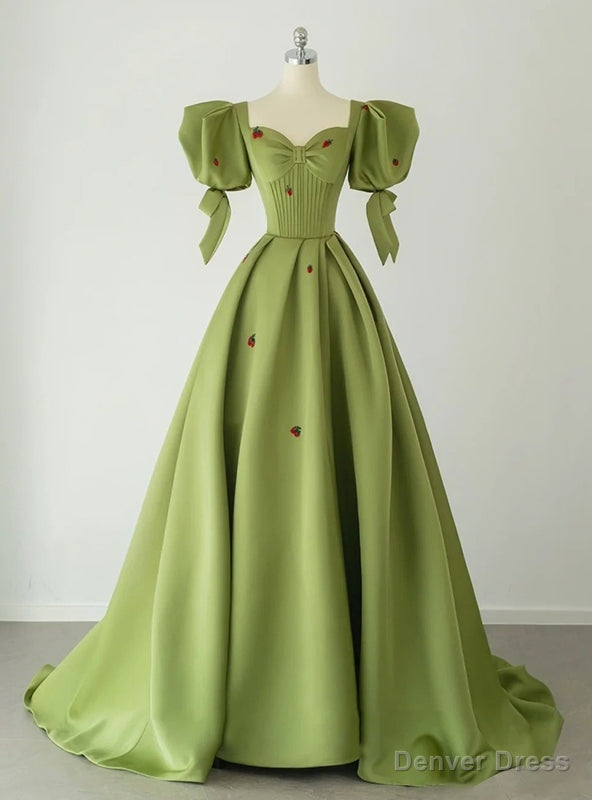 Green Satin Puff Sleeve Square Prom Dress