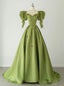 Green Satin Puff Sleeve Square Prom Dress