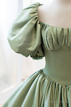 Green Satin Puff Sleeves Long Prom Dress, Green A Line Prom Dresses