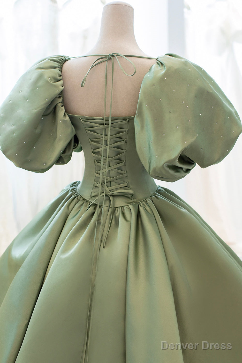 Green Satin Puff Sleeves Long Prom Dress, Green A Line Prom Dresses