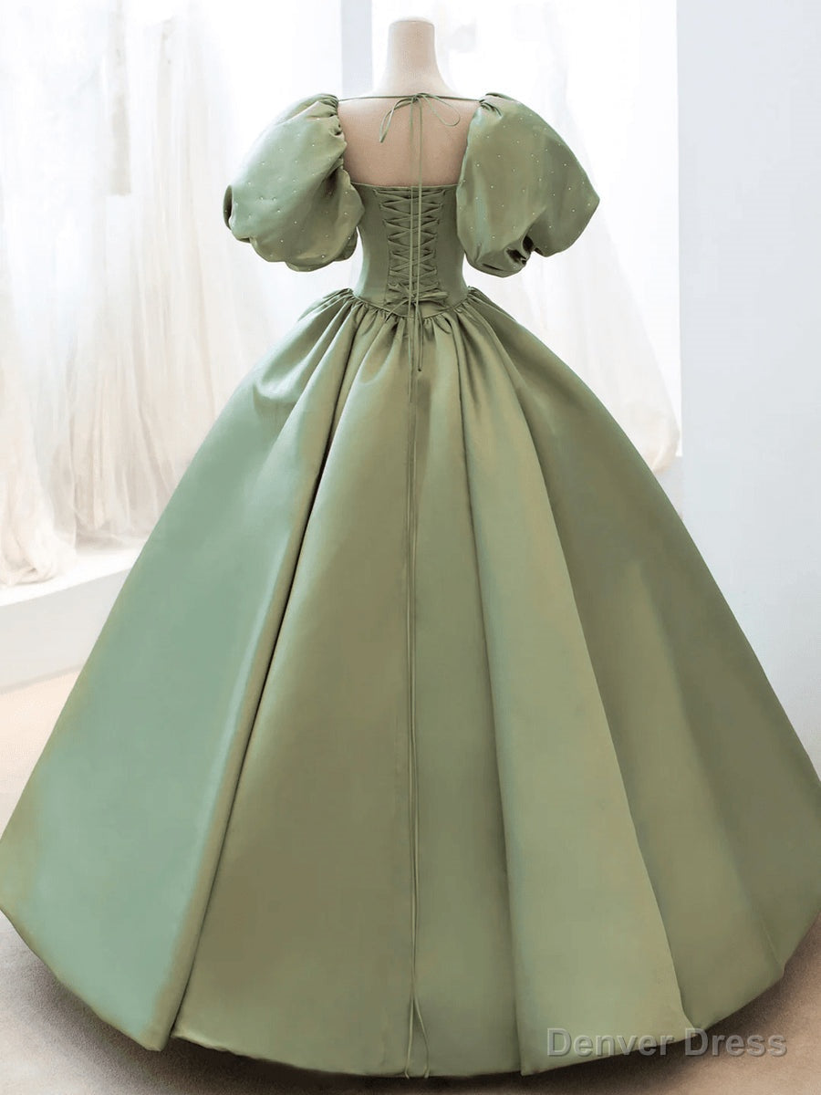 Green Satin Puffy Sleeves Long Formal Dress, Green Satin Prom Dress Party Dress