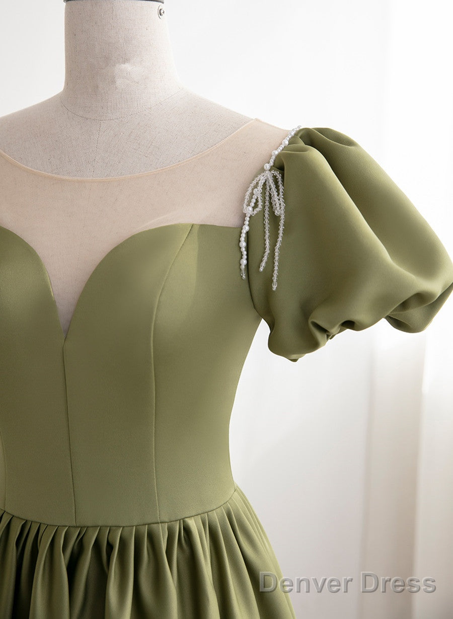 Green Satin Round Neckline A-Line Floor Length Prom Dress, Green Short Sleeves Formal Dress Secondary image