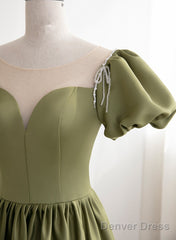 Green Satin Round Neckline A-Line Floor Length Prom Dress, Green Short Sleeves Formal Dress