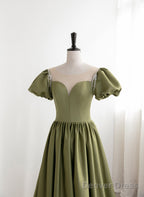 Green Satin Round Neckline A-Line Floor Length Prom Dress, Green Short Sleeves Formal Dress
