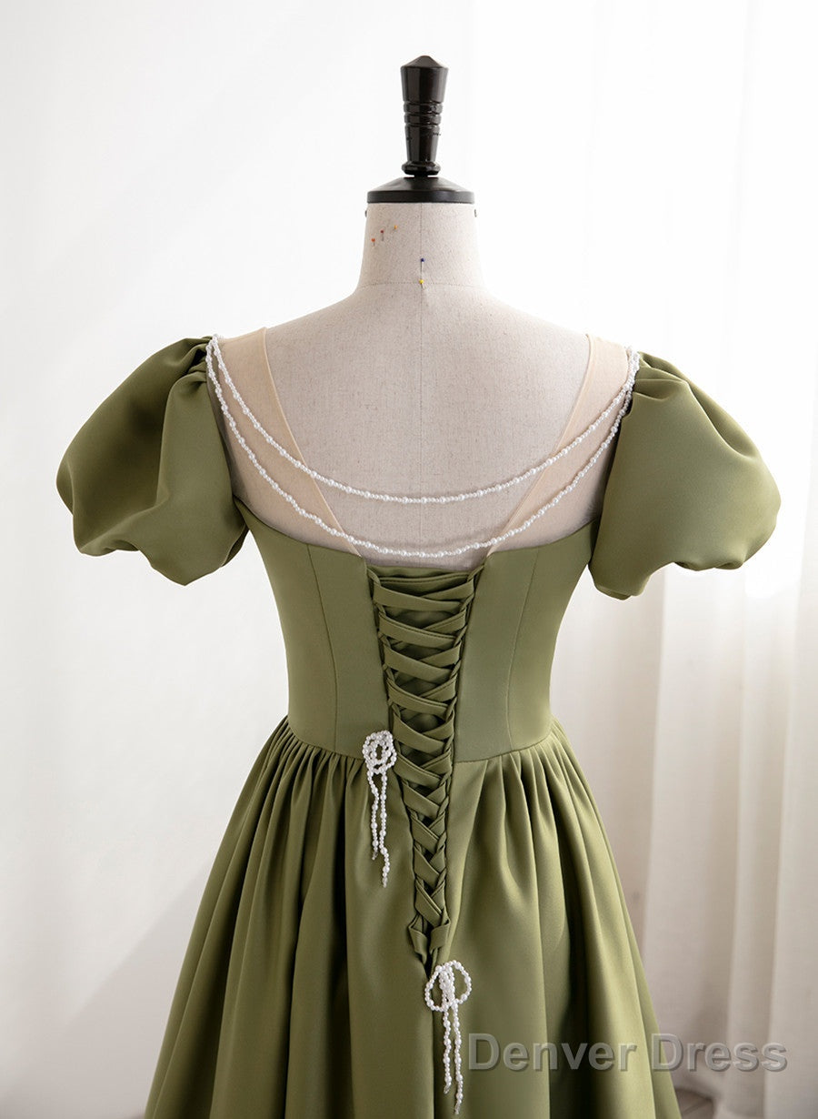 Green Satin Round Neckline A-Line Floor Length Prom Dress, Green Short Sleeves Formal Dress