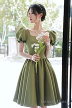Green Satin Short A-Line Prom Dress, Cute Short Sleeve Homecoming Dresses