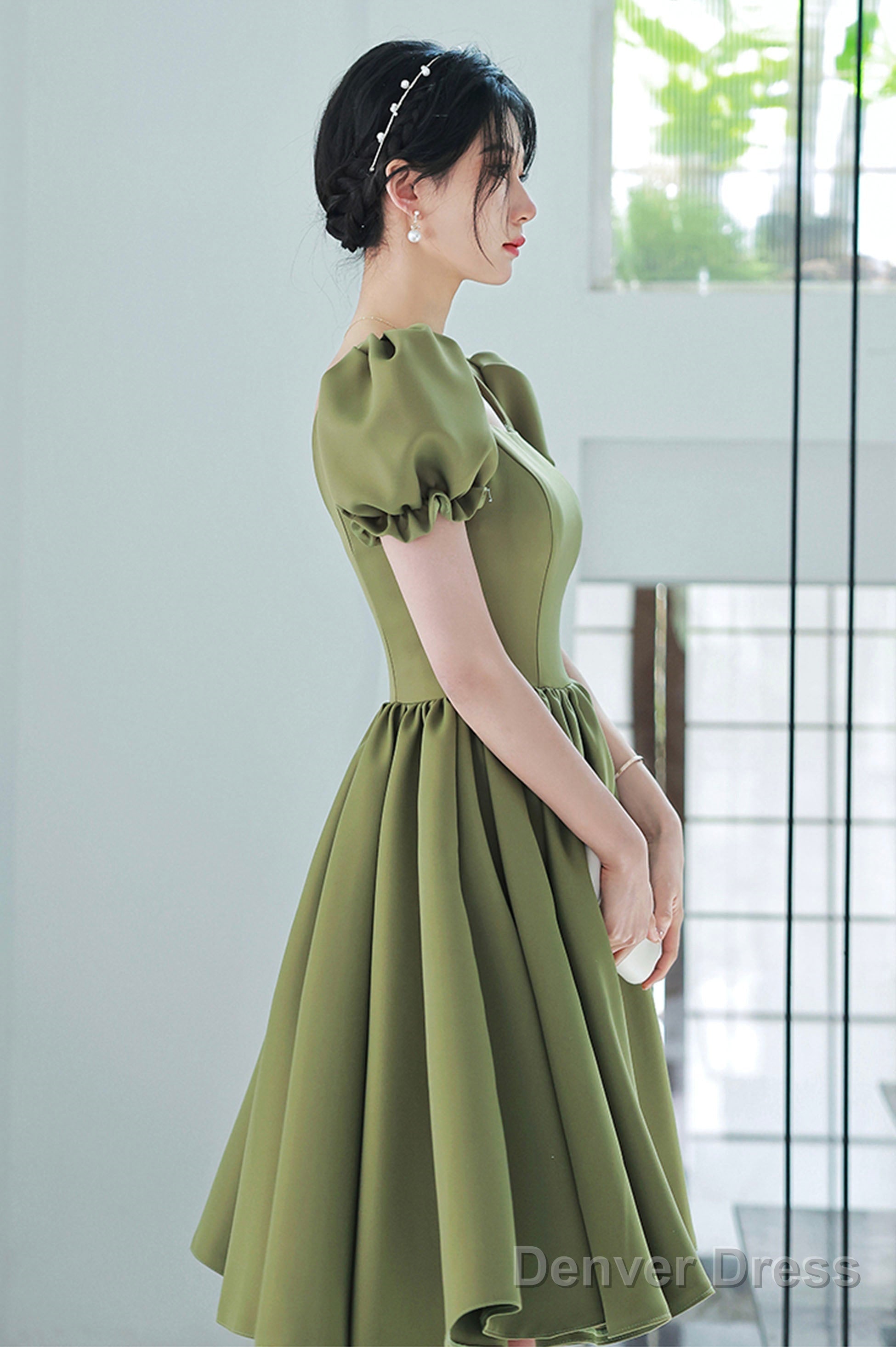 Green Satin Short A-Line Prom Dress, Cute Short Sleeve Homecoming Dresses