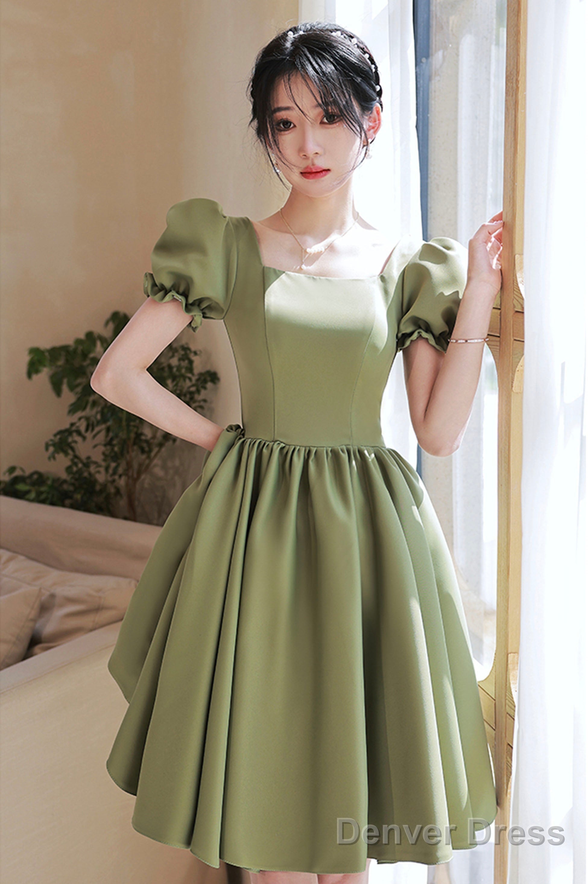 Green Satin Short A-Line Prom Dress, Cute Short Sleeve Homecoming Dresses