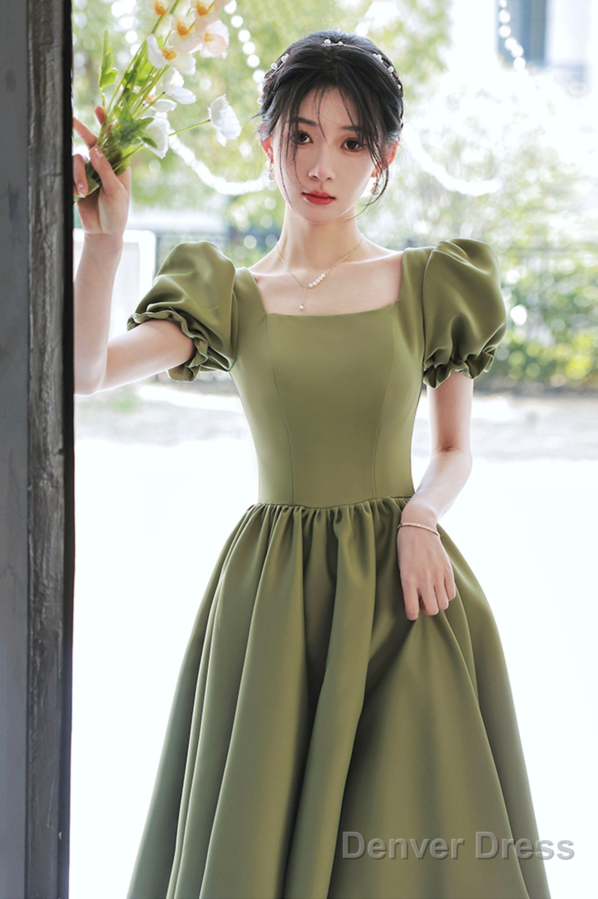 Green Satin Short A-Line Prom Dress, Cute Short Sleeve Homecoming Dresses