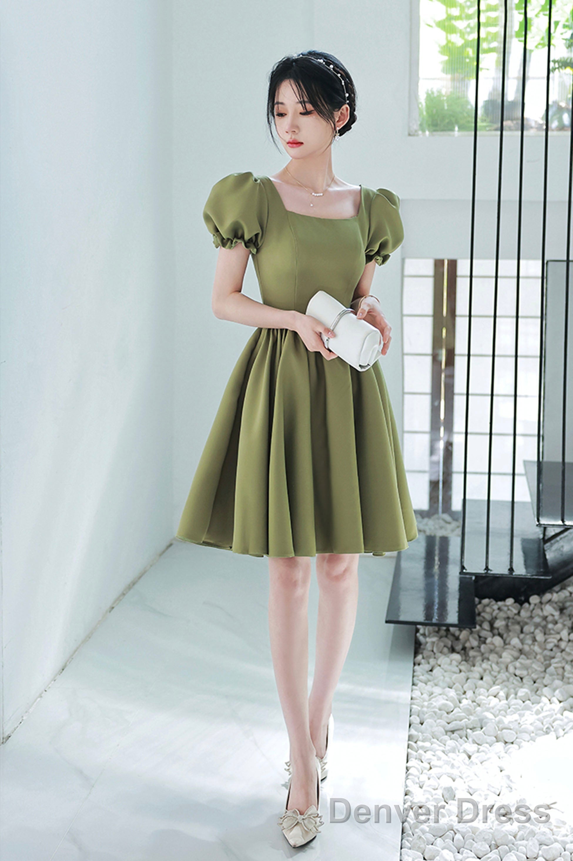 Green Satin Short A-Line Prom Dress, Cute Short Sleeve Homecoming Dresses