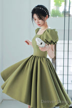 Green Satin Short A-Line Prom Dress, Cute Short Sleeve Homecoming Dresses