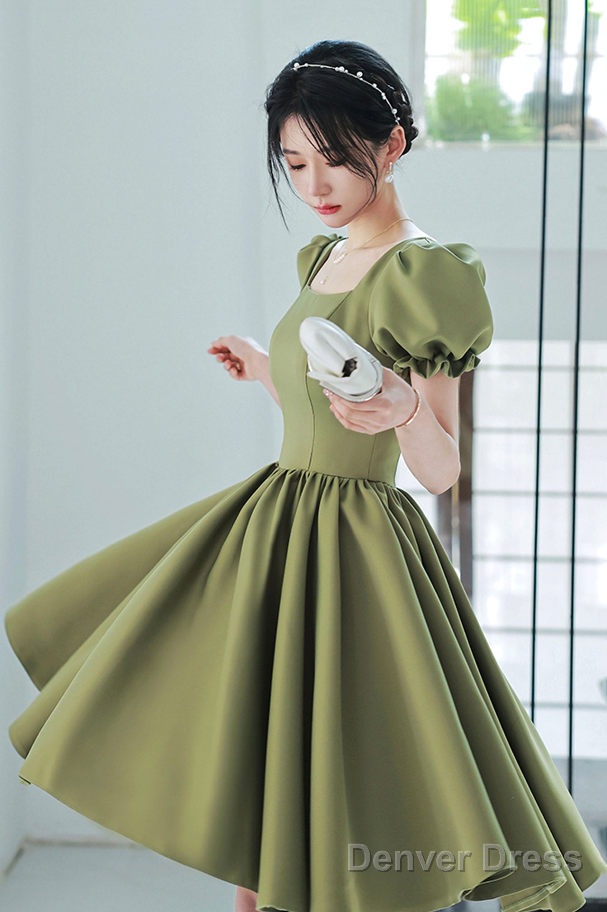 Green Satin Short A-Line Prom Dress, Cute Short Sleeve Homecoming Dresses