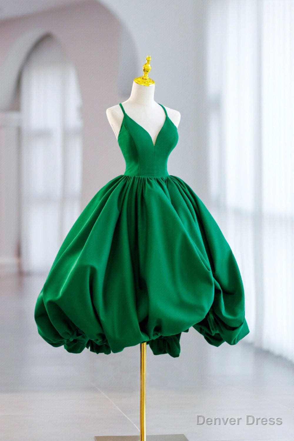 Green Satin Short A-Line Prom Dress, Green V-Neck Party Dress Main image