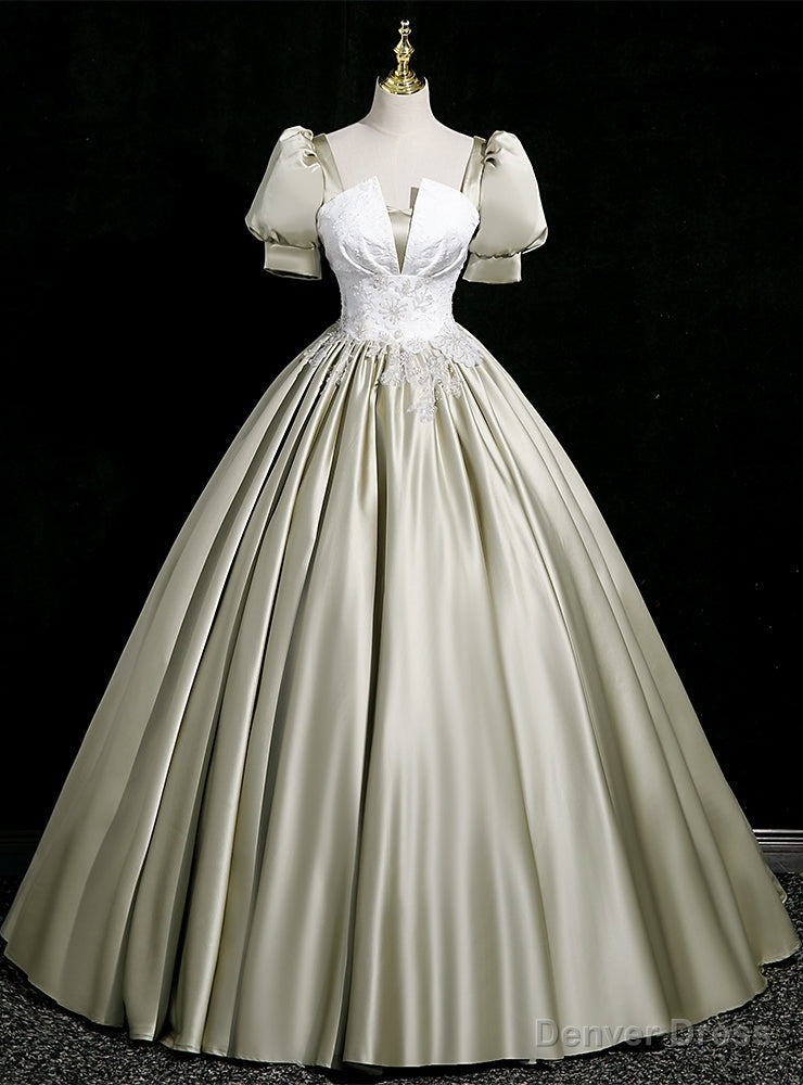 Green Satin Short Sleeve Appliques Quinceanera Dress Main image