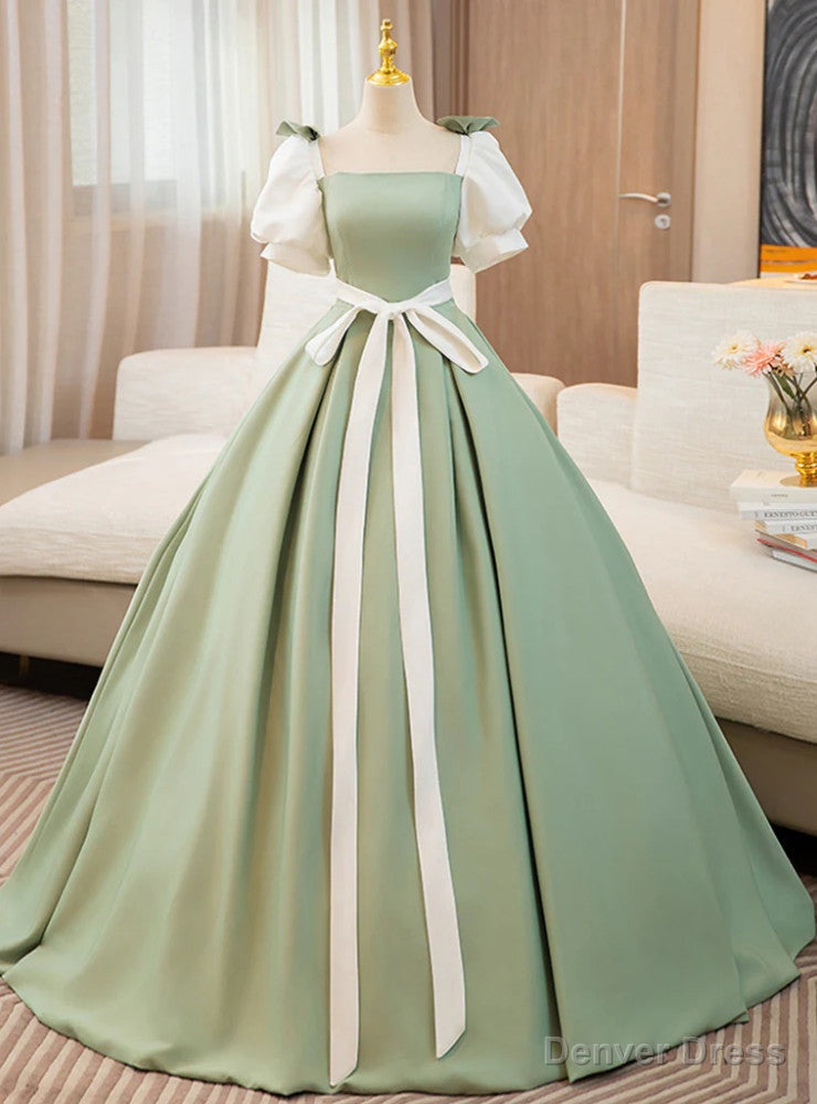 Green Satin Short Sleeve Bow Prom Dress Main image