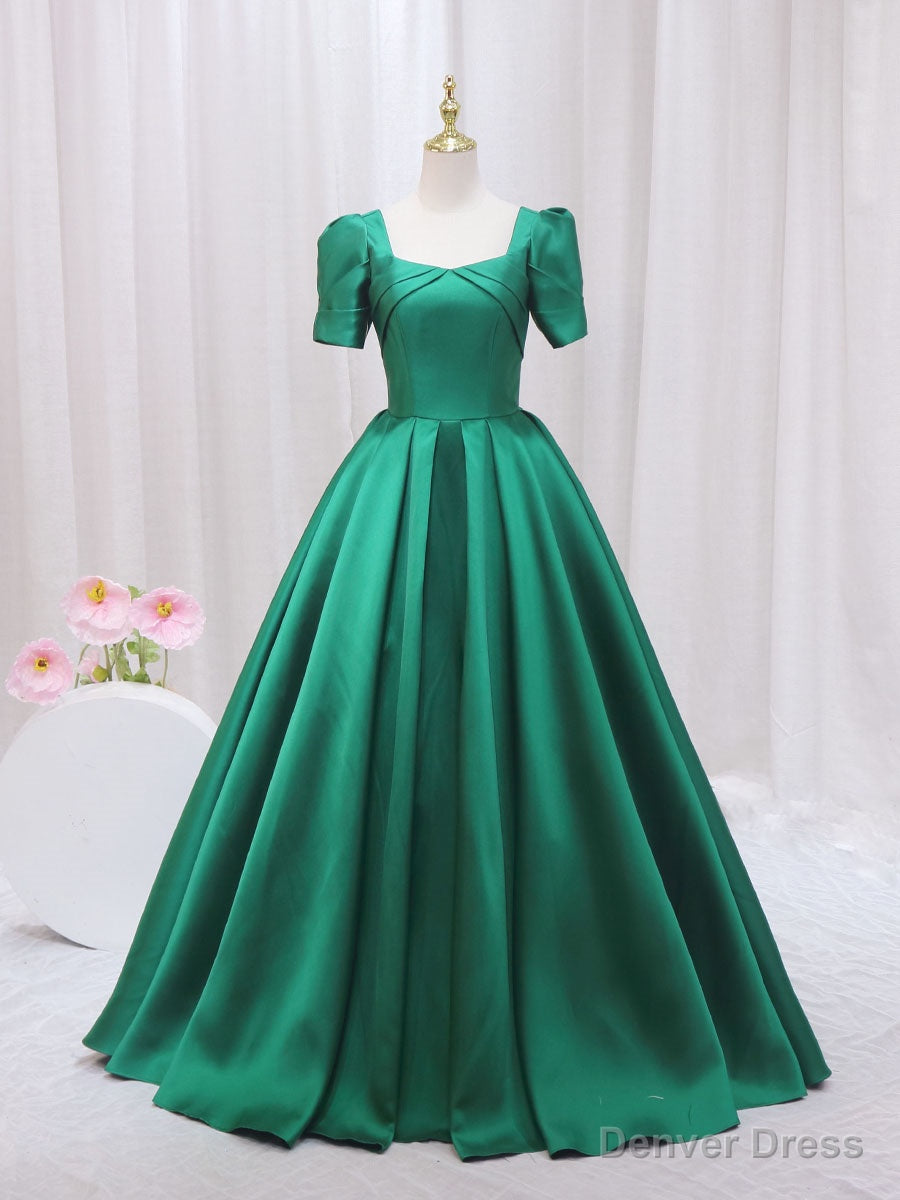 Green Satin Short Sleeve Square Neck Prom Dress Main image