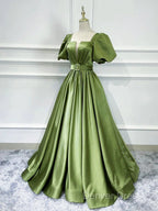 Green Satin Short Sleeves Long Prom Dress, Green Prom Dresses