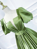 Green Satin Short Sleeves Long Evening Party Dresses, Green Formal Party Dresses