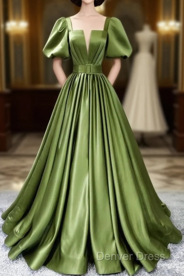 Green Satin Short Sleeves Long Evening Party Dresses, Green Formal Party Dresses Main image