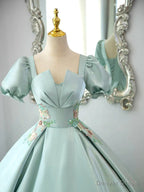 Green Satin Short Sleeves Long Prom Dress, Green Satin Prom Dress